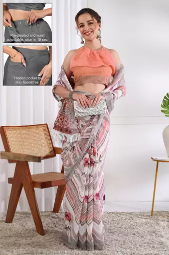 cotton blend chevron floral print ready to wear saree with pocket white