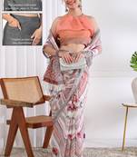 cotton blend chevron floral print ready to wear saree with pocket white