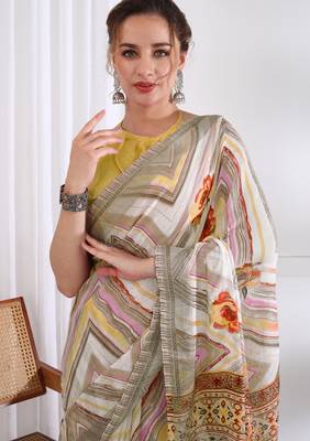 cotton blend chevron floral print ready to wear saree with pocket white 4