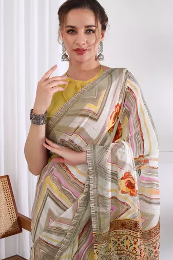 cotton blend chevron floral print ready to wear saree with pocket white