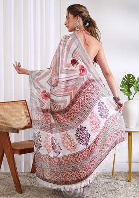 cotton blend chevron floral print ready to wear saree with pocket white 2