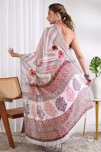 cotton blend chevron floral print ready to wear saree with pocket white