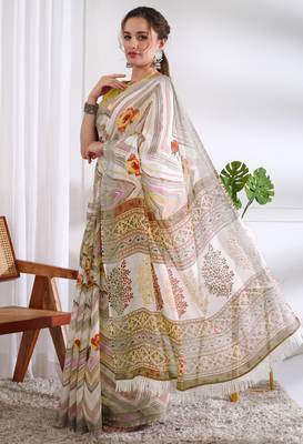 cotton blend chevron floral print ready to wear saree with pocket white 5