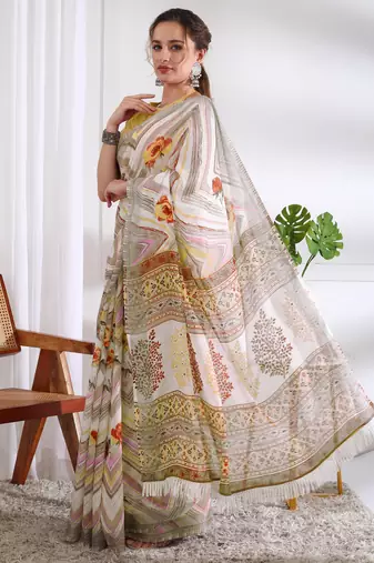 cotton blend chevron floral print ready to wear saree with pocket white