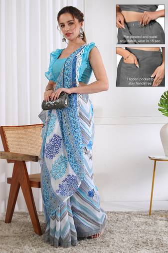 cotton blend chevron floral print ready to wear saree with pocket white