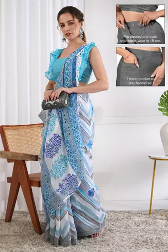 cotton blend chevron floral print ready to wear saree with pocket white