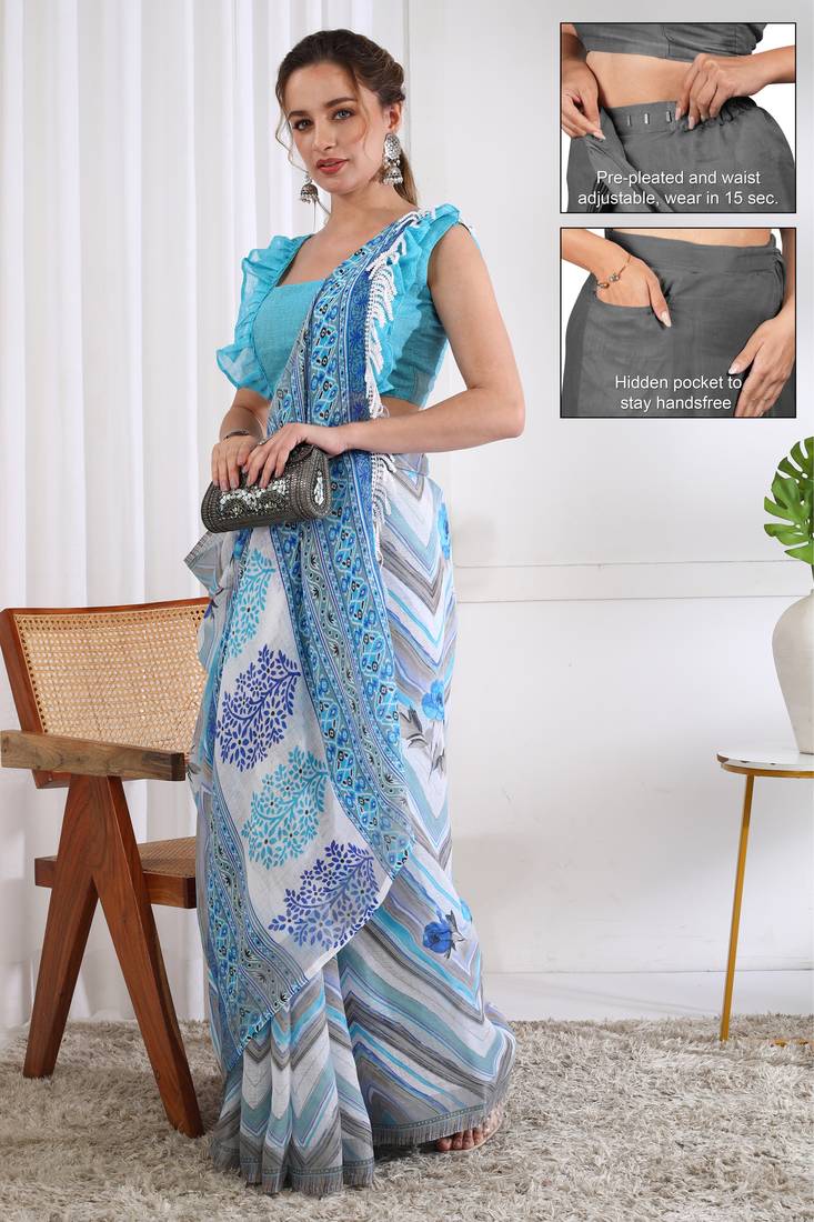 cotton blend chevron floral print ready to wear saree with pocket white