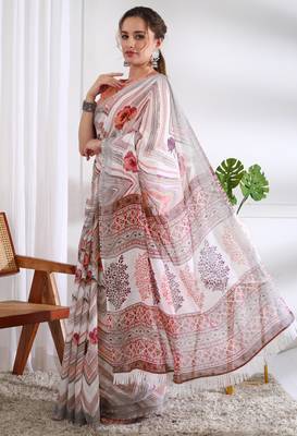 cotton blend chevron floral print ready to wear saree with pocket white 4