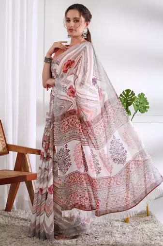cotton blend chevron floral print ready to wear saree with pocket white