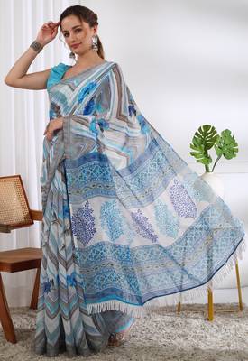 cotton blend chevron floral print ready to wear saree with pocket white 2
