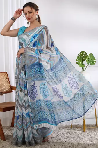 cotton blend chevron floral print ready to wear saree with pocket white