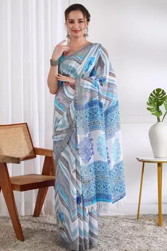 cotton blend chevron floral print ready to wear saree with pocket white