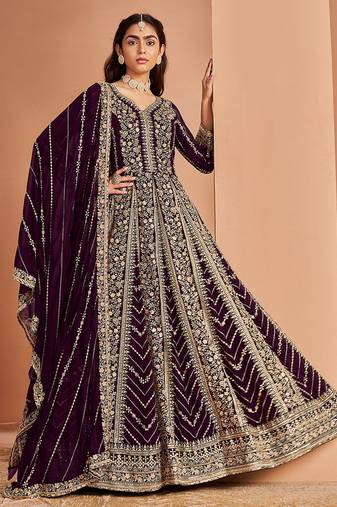 wine Embroidered faux georgette anarkali salwar suit
