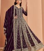wine Embroidered faux georgette anarkali salwar suit