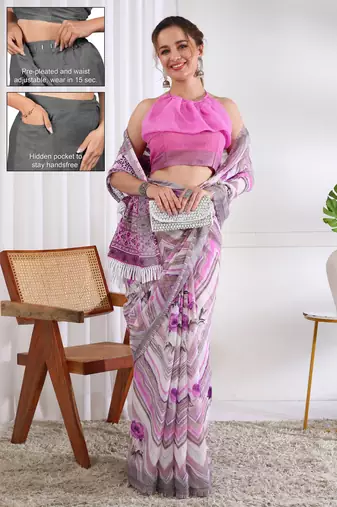 cotton blend chevron floral print ready to wear saree with pocket white