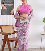 cotton blend chevron floral print ready to wear saree with pocket white