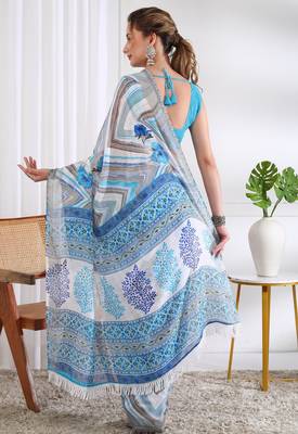 cotton blend chevron floral print ready to wear saree with pocket white 4