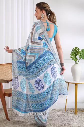 cotton blend chevron floral print ready to wear saree with pocket white