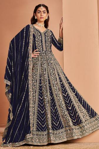 navy Embroidered blue faux georgette anarkali salwar suit