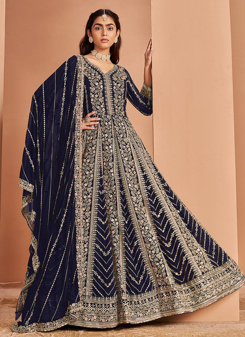 navy Embroidered blue faux georgette anarkali salwar suit