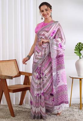 cotton blend chevron floral print ready to wear saree with pocket white 2