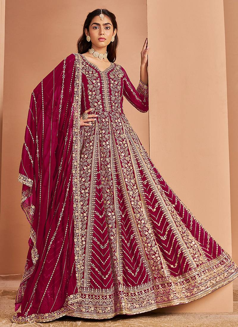 rani pink Embroidered faux georgette anarkali salwar suit
