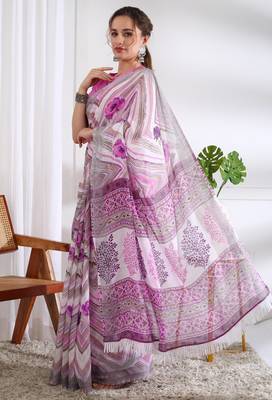 cotton blend chevron floral print ready to wear saree with pocket white 3