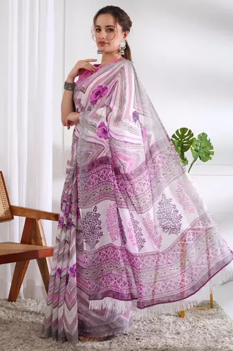 cotton blend chevron floral print ready to wear saree with pocket white