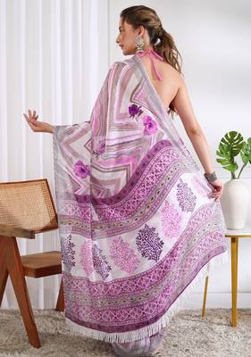cotton blend chevron floral print ready to wear saree with pocket white 4