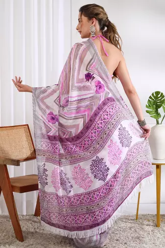 cotton blend chevron floral print ready to wear saree with pocket white