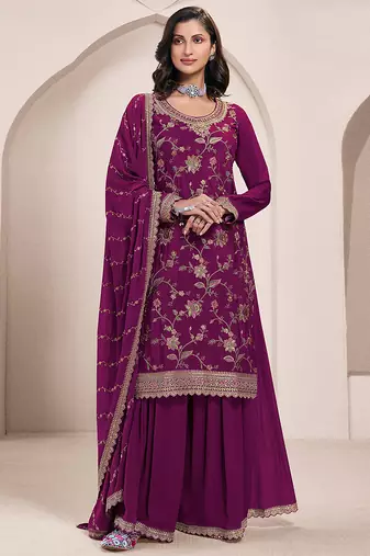 dark magenta Chinon embroidered Sharara suit