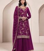 dark magenta Chinon embroidered Sharara suit