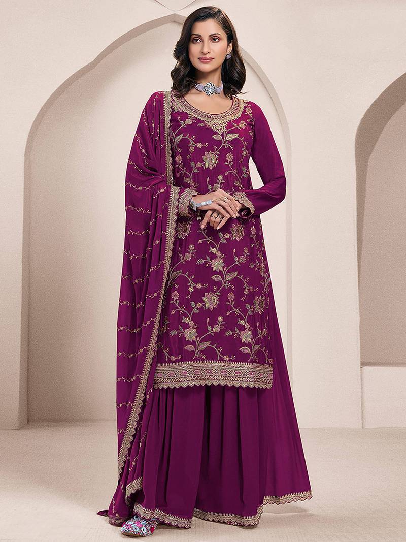 dark magenta Chinon embroidered Sharara suit