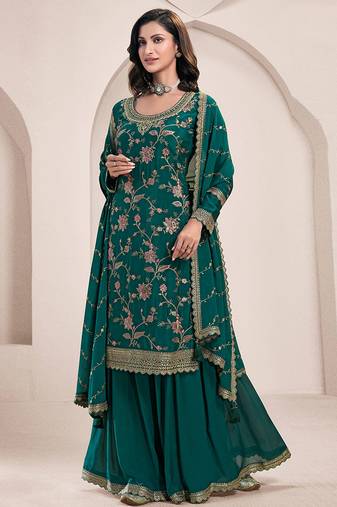 teal Chinon embroidered Sharara suit