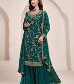 teal Chinon embroidered Sharara suit