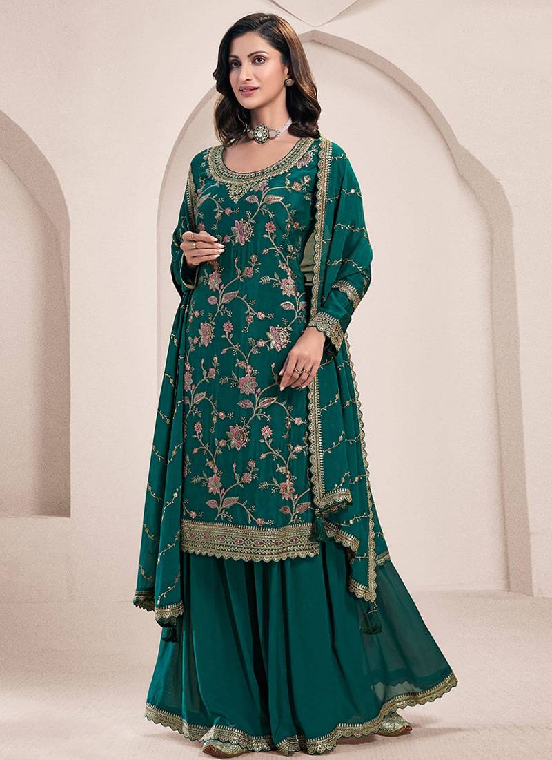 teal Chinon embroidered Sharara suit