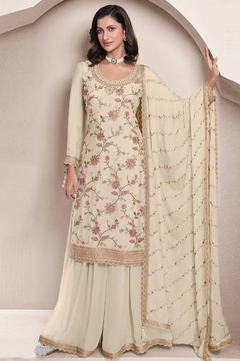 cream Chinon embroidered Sharara suit