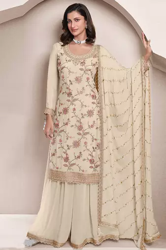 cream Chinon embroidered Sharara suit