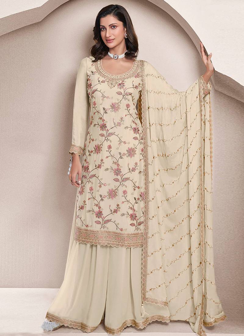 cream Chinon embroidered Sharara suit