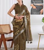 cotton blend floral block print ready to wear saree with pocket dark mustard