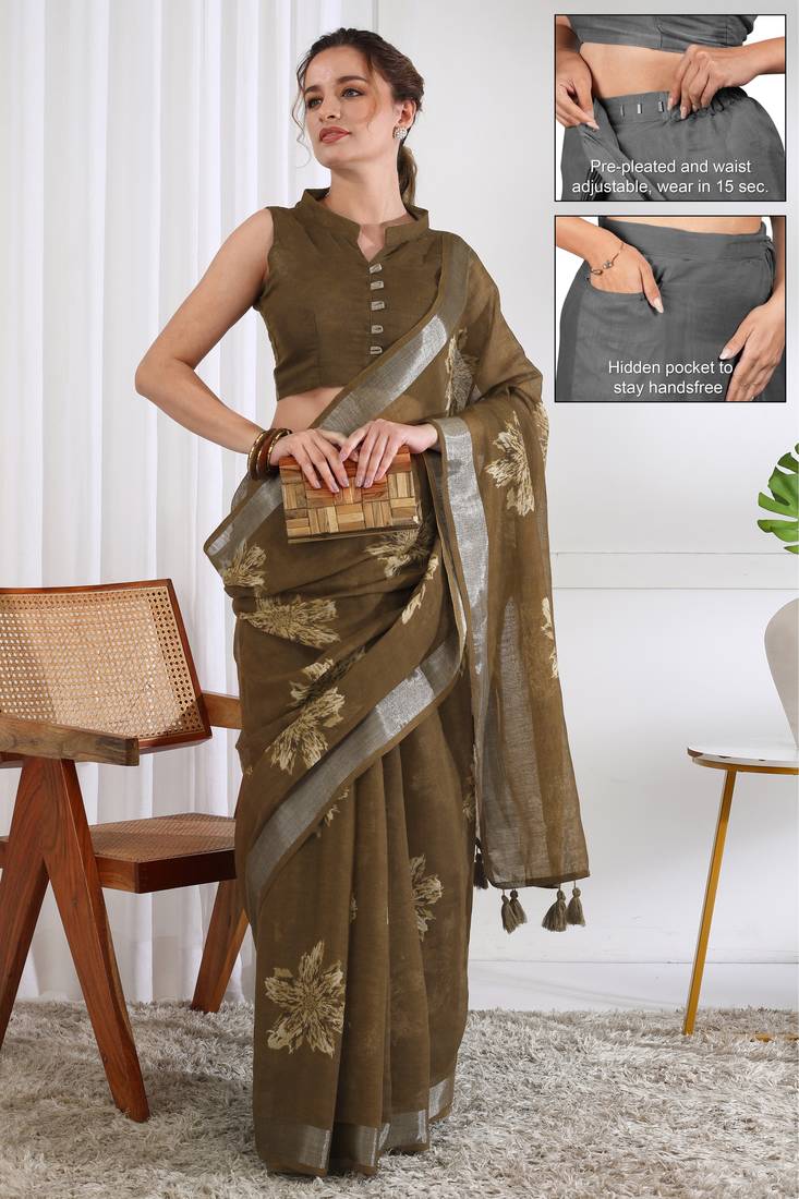 cotton blend floral block print ready to wear saree with pocket dark mustard
