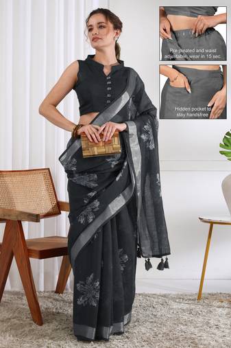 cotton blend floral block print ready to wear saree with pocket dark grey