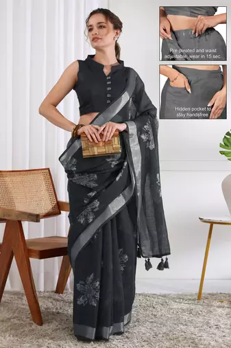 cotton blend floral block print ready to wear saree with pocket dark grey
