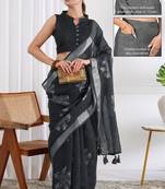 cotton blend floral block print ready to wear saree with pocket dark grey