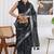 cotton blend floral block print ready to wear saree with pocket dark grey