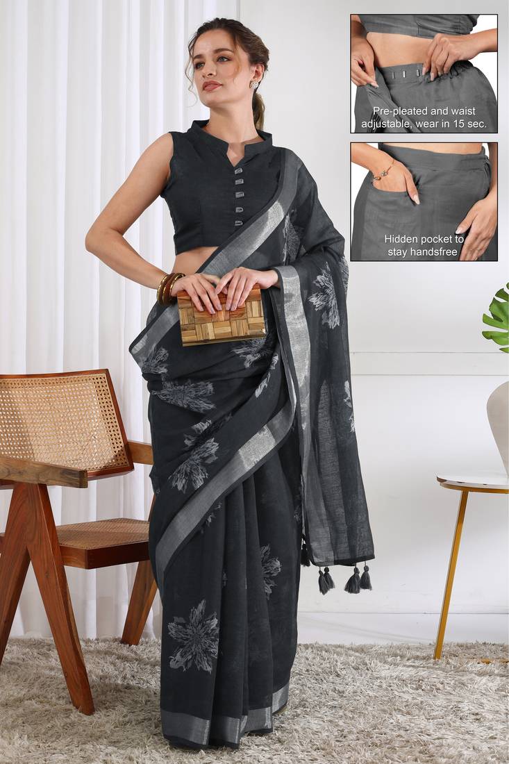 cotton blend floral block print ready to wear saree with pocket dark grey