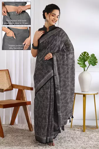 cotton blend geometric print ready to wear saree with pocket light grey