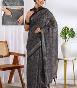 cotton blend geometric print ready to wear saree with pocket light grey