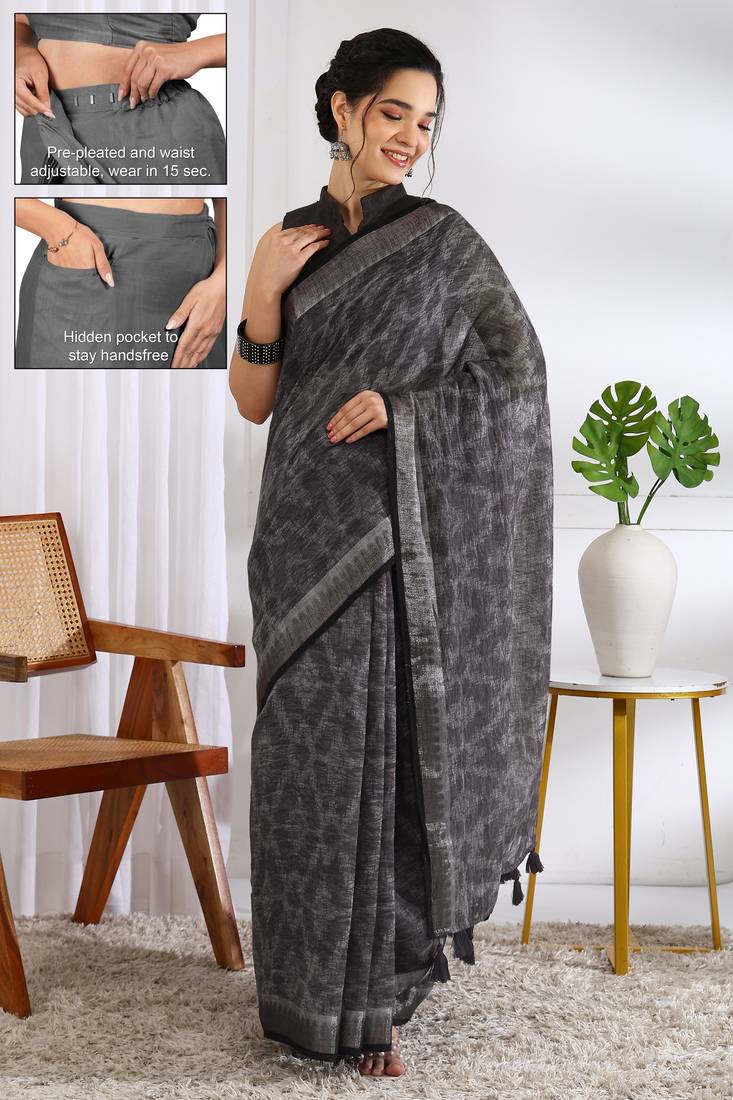 cotton blend geometric print ready to wear saree with pocket light grey