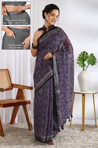 cotton blend geometric print ready to wear saree with pocket dark purple